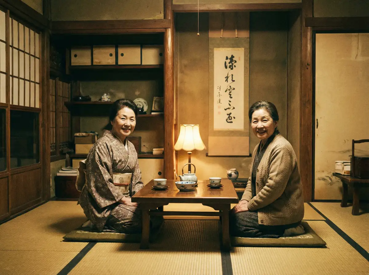 两位优雅的 玩物社区 在日式茶室中品茶交谈
